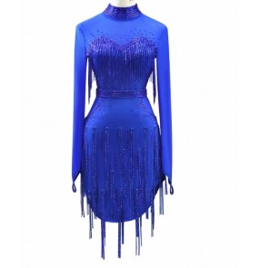 Customized size royal blue competition latin dance dresses for women young girls salsa rumba ballroom latin dance wear for female